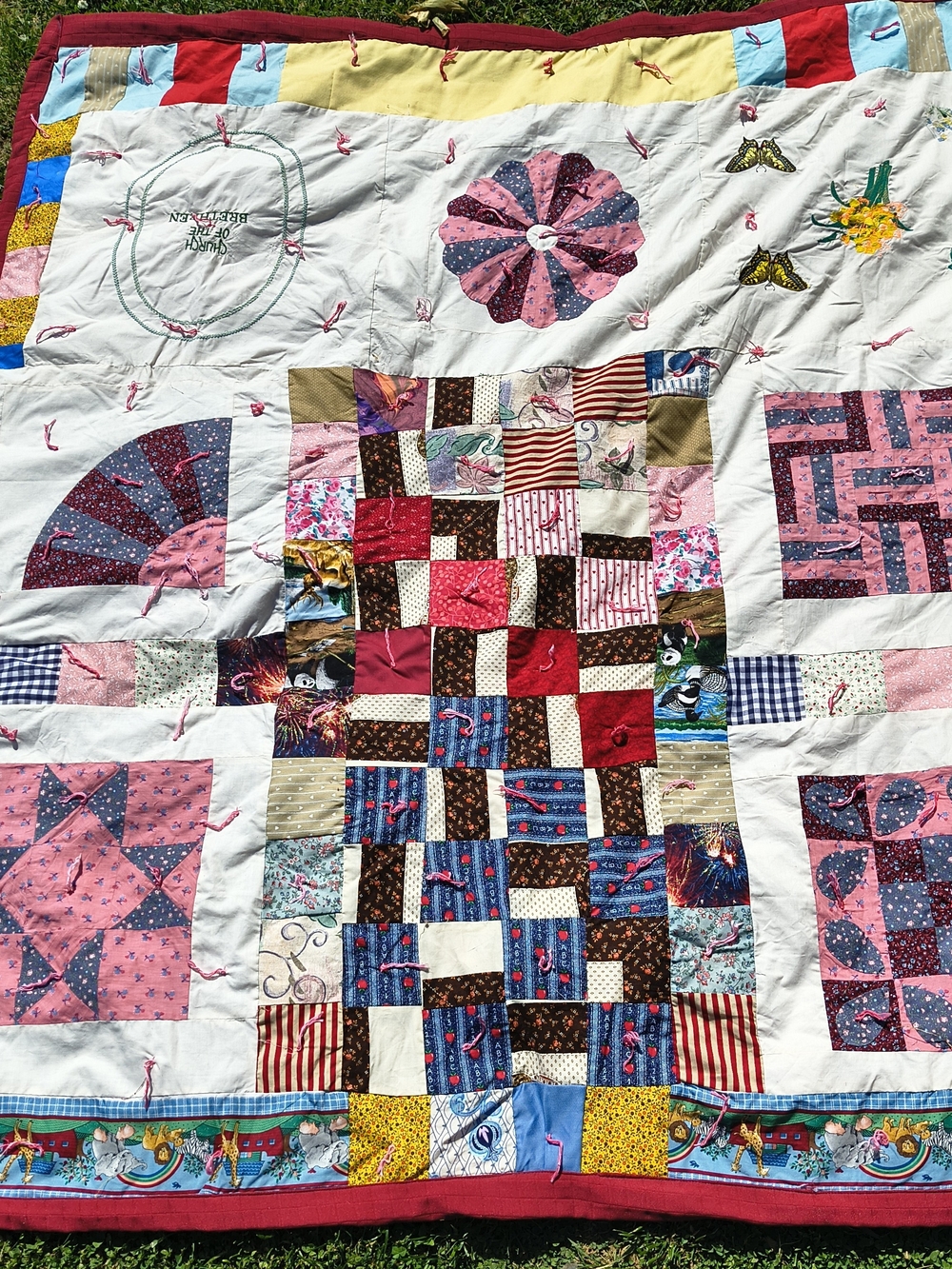 Vintage Handmade hand knotted patchwork quilt with embroidery